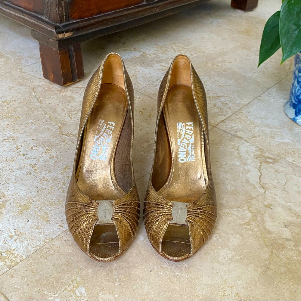 Vintage gold Salvatore Ferragamo peep toe heels